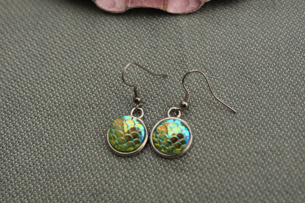 Green Dangle Earrings Silver Tone Mermaid